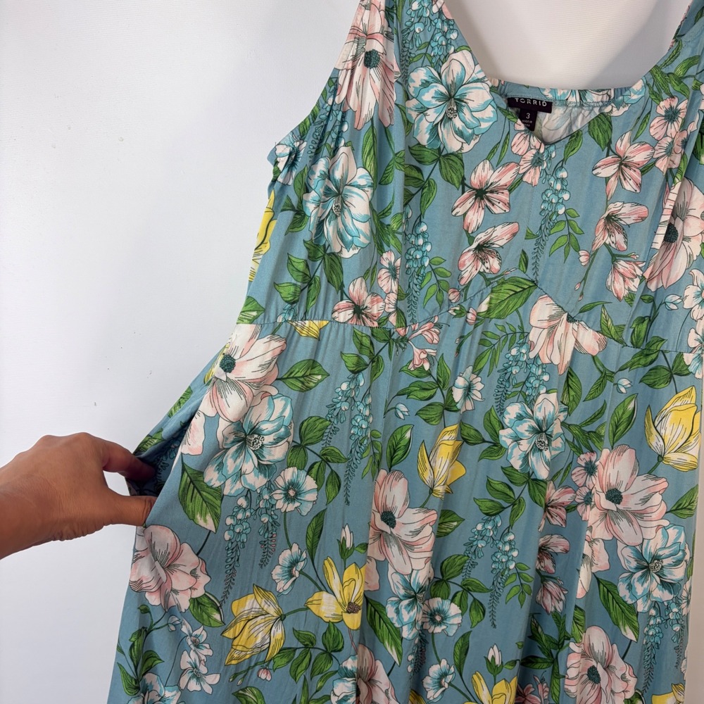 Torrid Maxi Dress Women 3 Blue Floral Pockets Adjustable Straps V-Neck Sun Dress - Picture 5 of 11
